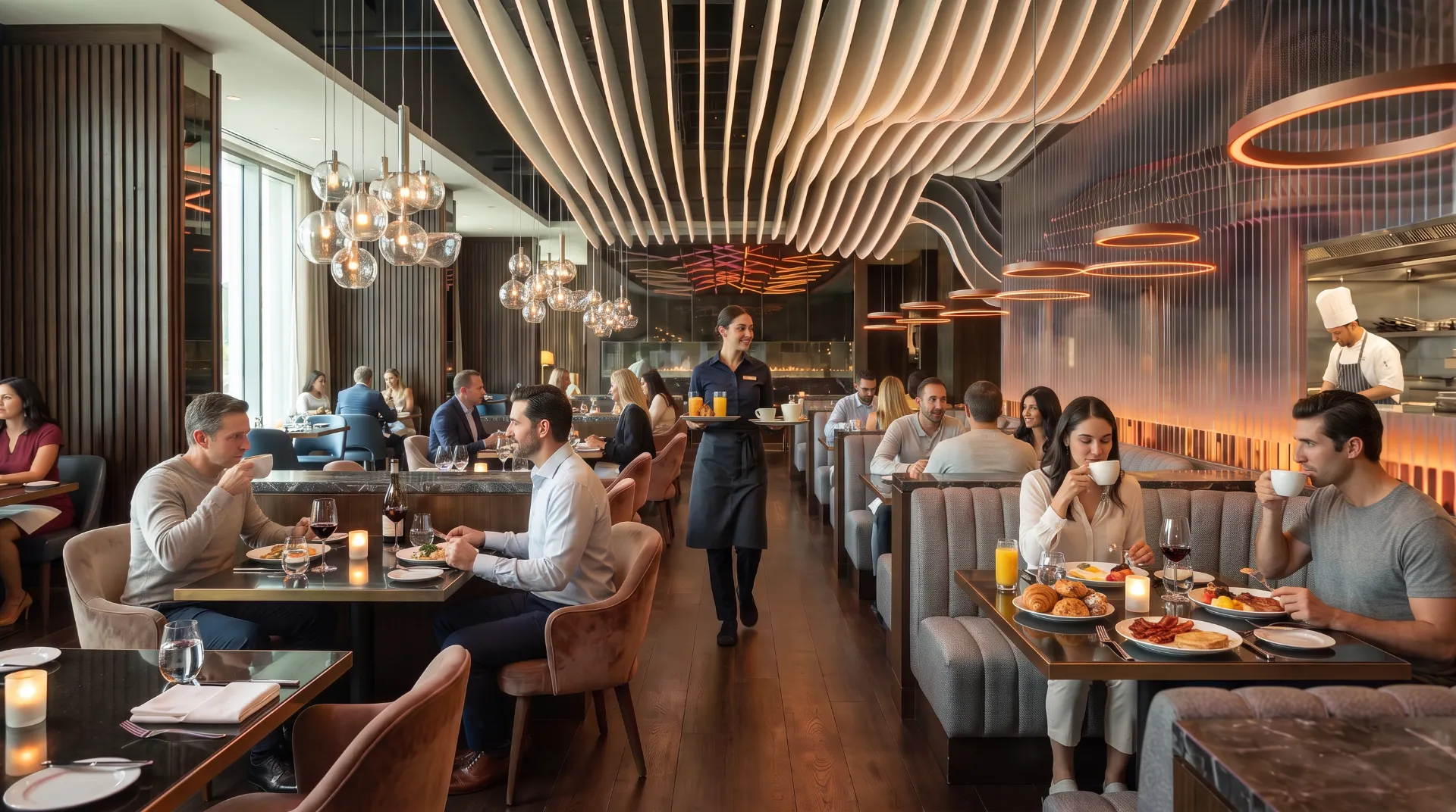 Restaurant au matin, lumière naturelle, salle calme