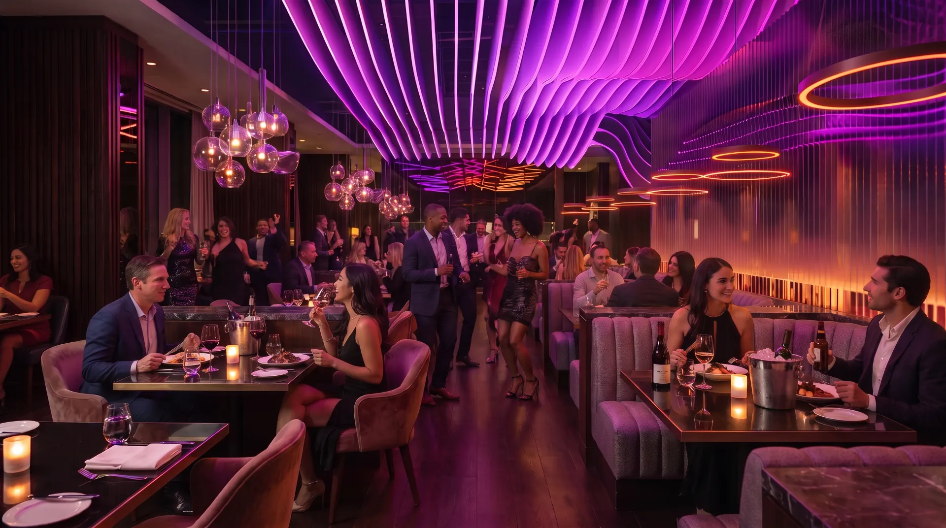 Restaurant le soir, lumières chaudes