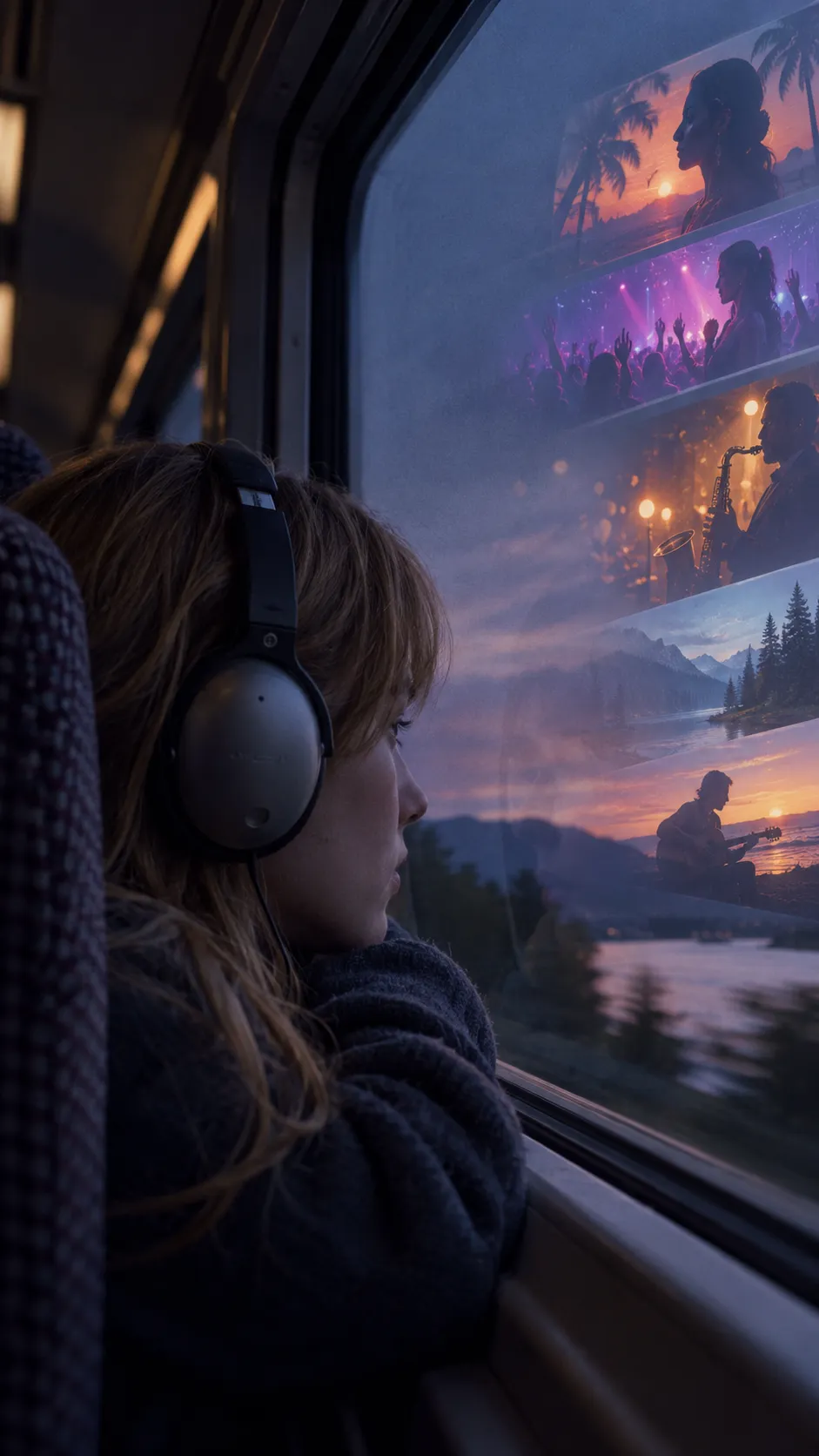 Jeune femme au casque regardant par la fenêtre d’un train au crépuscule