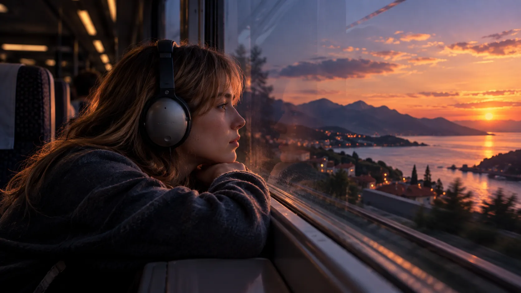 Jeune femme au casque regardant le coucher de soleil depuis un train