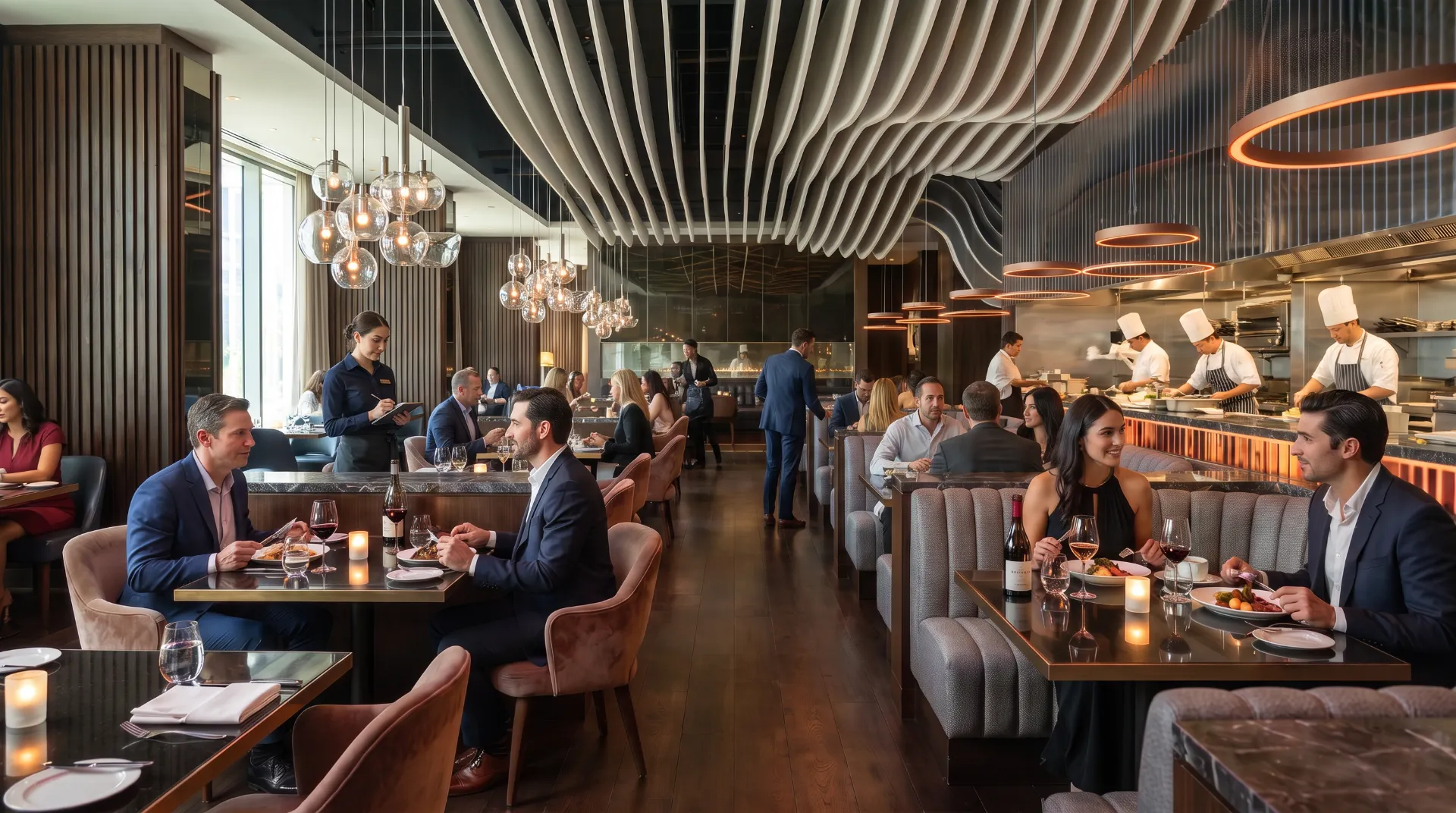 Restaurant animé au déjeuner, lumière du jour